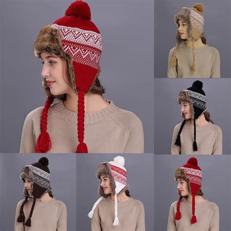 Buy Warm Women Winter Hat With Ear Flaps Snow Ski Thick Knit Wool