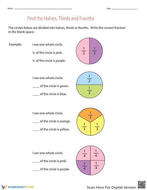 Find The Halves Thirds And Fourths Worksheet