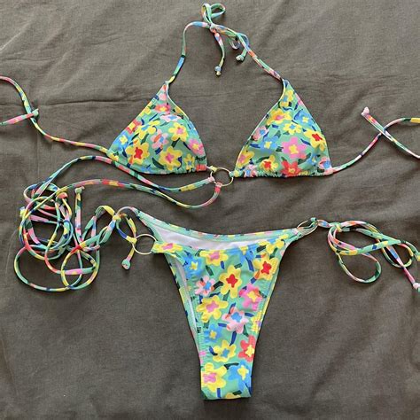 Green And Floral Pattern Bikini Had The Long Ties Depop