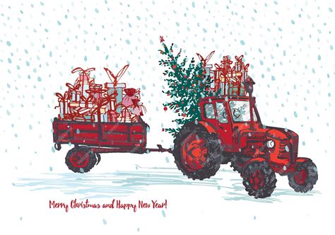 Tarjeta Festiva De Año Nuevo Y Feliz Navidad Tractor Rojo Con Abeto Decorado Con Bolas Rojas Y