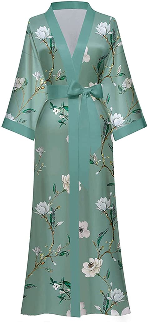 Amitofo Long Silk Kimono Robes For Women Lightweight Silky Satin Floral