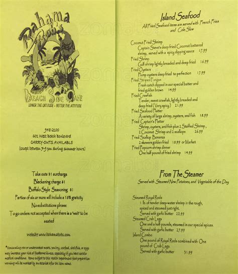 Menu at Bahama Bobs restaurant, Gulf Shores