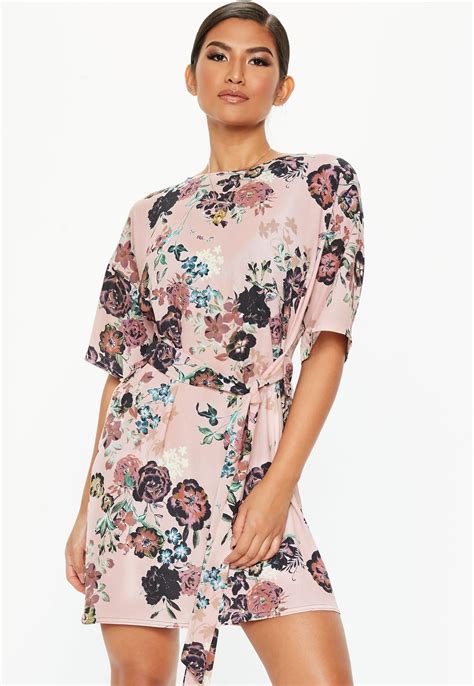 Pink Tie Waist Floral T Shirt Dress Missguided Skater Dresses