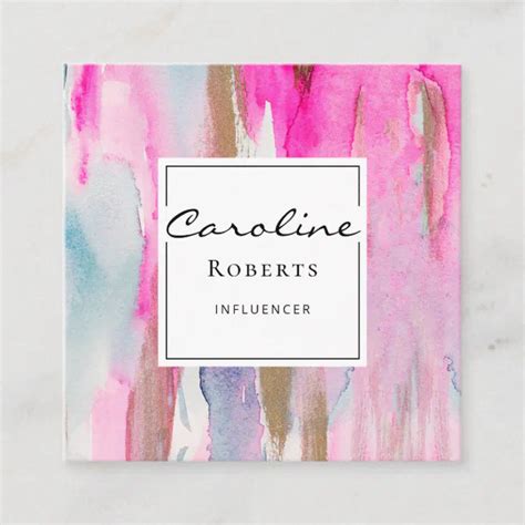 Elegant Pink Blue Modern Brushstrokes Watercolors Square Business Card Zazzle