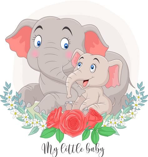 Cartoon Mother and baby elephant sitting with flowers background ...