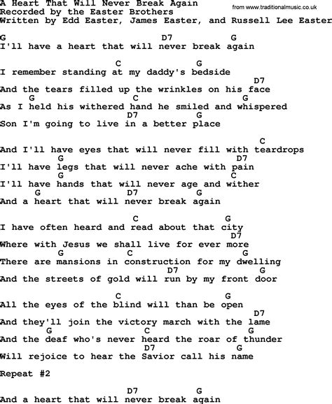 A Heart That Will Never Break Again Bluegrass Lyrics With Chords