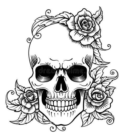 Skull Roses Engraved Woodcut Etching Tattoo Design Stock Vector Illustration Of Vector