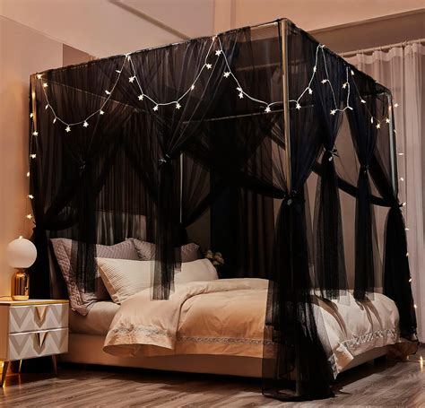 Amazon.com: Nattey 4 Corners Post Canopy Bed Curtains King Size - Bed Canopy Black 4 Opening ...