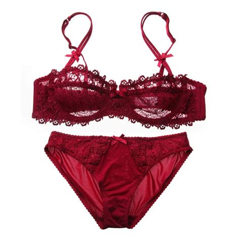 Womens Lumiere Lace Unlined Sheer Balconette Red Bra And Panties Set