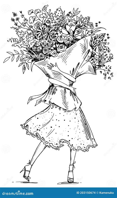 Line Drawing Of A Woman Holding Huge Flower Bouquet Vector Illustration Stock Vector