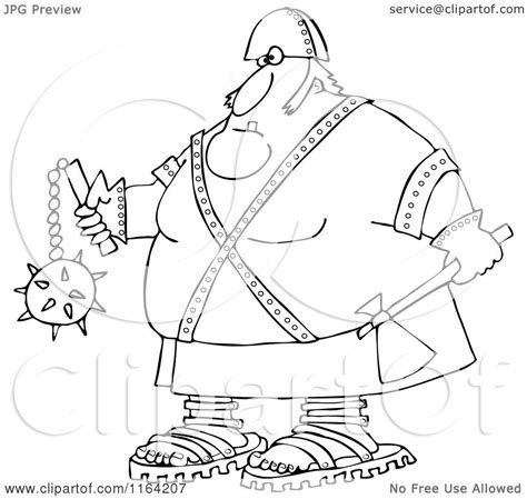 Cartoon Of An Outlined Executioner Holding An Axe And Flail Royalty