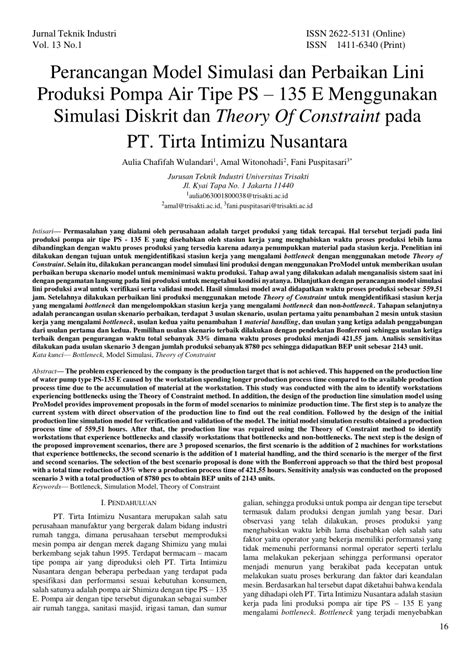 Pdf Perancangan Model Simulasi Dan Perbaikan Lini Produksi Pompa Air