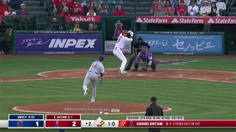 Shohei Ohtani Singles On A Line Drive To Center Fielder Mike Tauchman