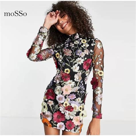 Elegant Flower Embroidery Mini Dress Womens Long Sleeve Etsy