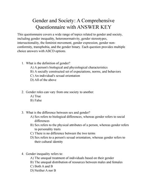 Gender And Society A Comprehensive Exam Questionnaire With Answer Key