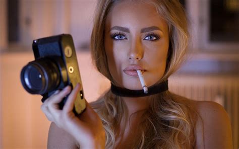Girl Model Photo Cigarette Camera Blonde Blue Eyed Wallpapers HD Desktop And Mobile