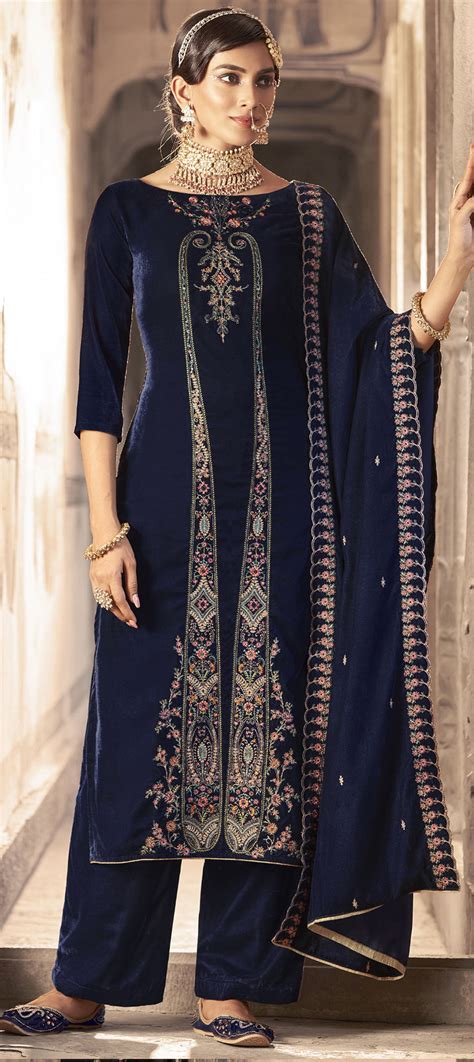 Festive Reception Wedding Blue Color Velvet Fabric Salwar Kameez