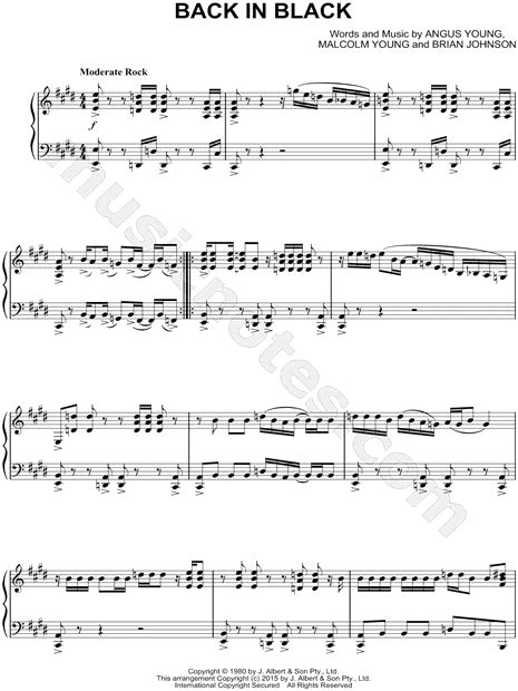 Ac Dc Back In Black Sheet Music Piano Solo In E Major Download And Print Sku Mn0148309