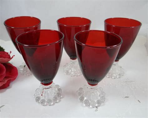 Set Of Five Ruby Red Anchor Hocking Glass Co Boopie Juice Wine Glasses Mid Century Vintage Items