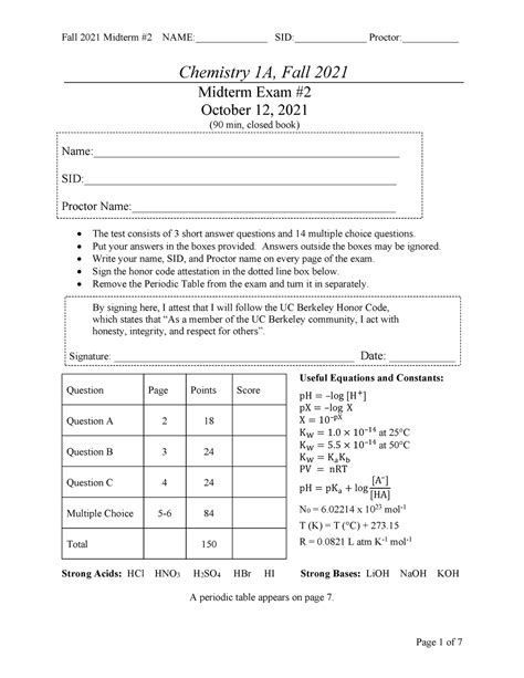 Midterm 2 Fall 2021 Chemistry 1A Fall 2021 Midterm Exam October 12