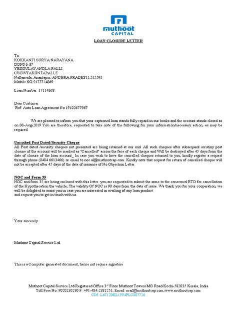 Loan Closure Letter 3 Pdf