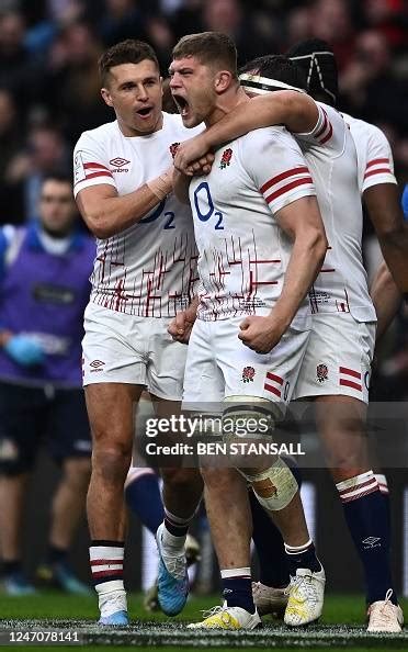 Englands Flanker Jack Willis Celebrates After Scoring The Teams