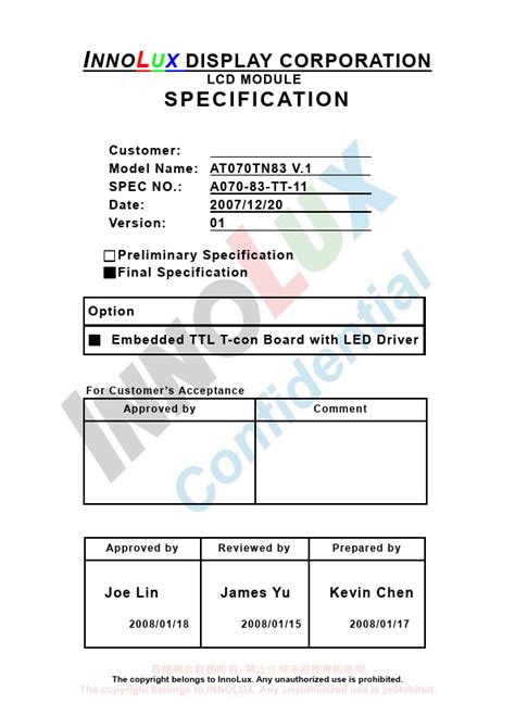 AT070TN83-V1 Datasheet, Module, Innolux