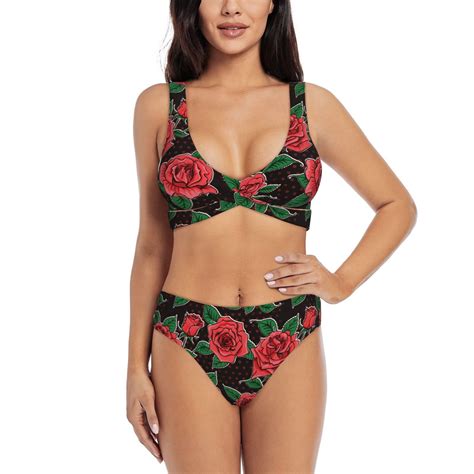 PAYOHTO Women S Cross Front Bikini Set With High Elasticity Soft Padding Beautiful Vintage Roses
