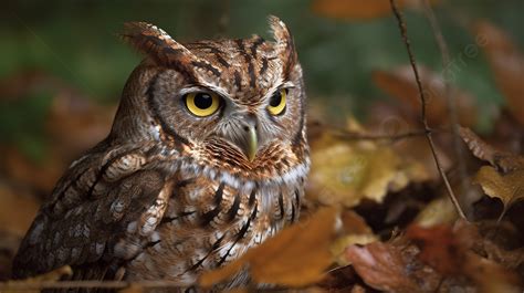 Brown And Yellow Owl In Autumn Leaves Background Pictures Of Screech