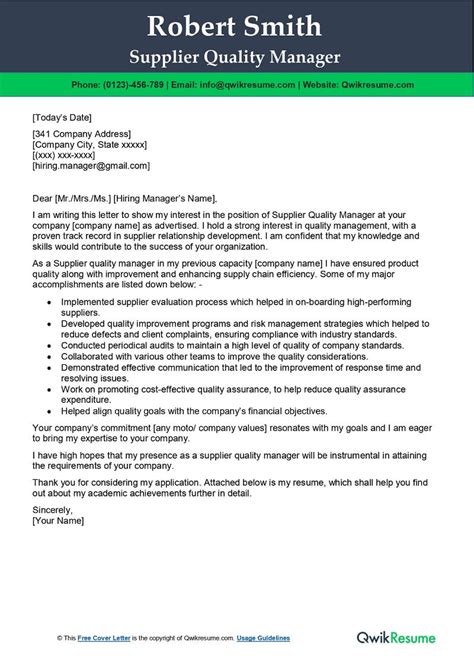 Supplier Quality Manager Cover Letter Examples Qwikresume