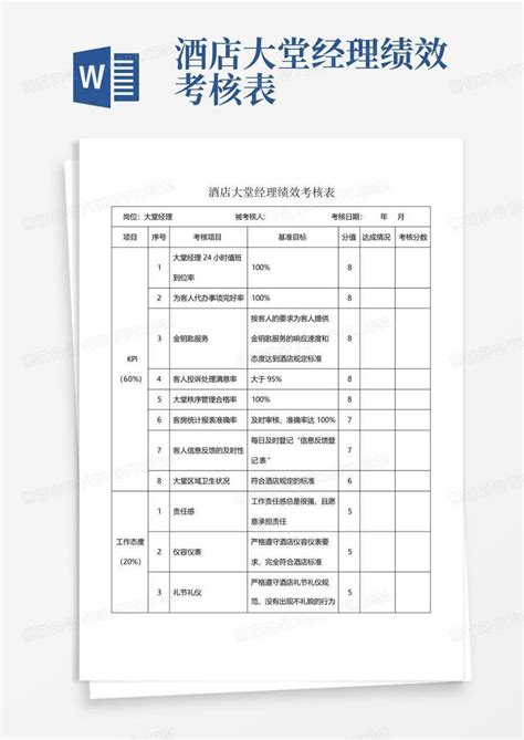 酒店大堂经理绩效考核表word模板下载编号qeypvbrj熊猫办公