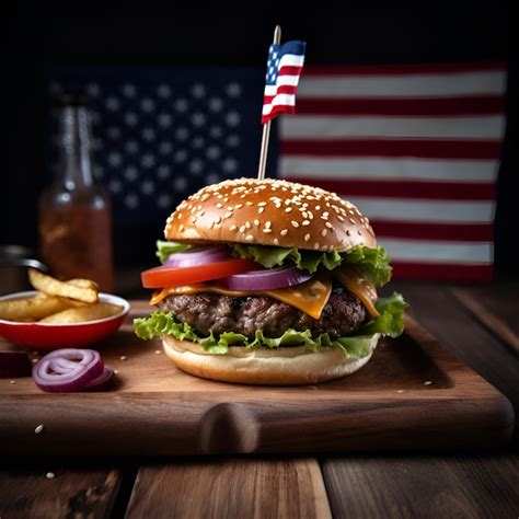 Sabrosa Hamburguesa Con Bandera De Estados Unidos En Mesa De Madera