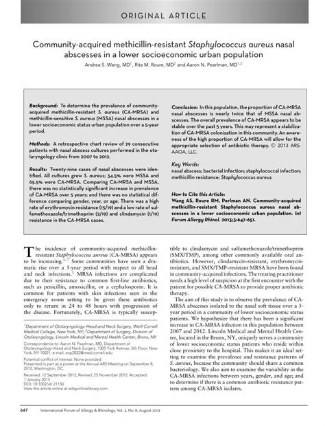 Pdf Community Acquired Methicillin Resistant Staphylococcus Aureus Nasal Abscesses In A Lower