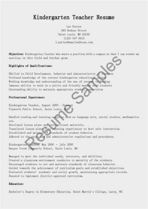 Resume Samples Kindergarten Teacher Resume Sample