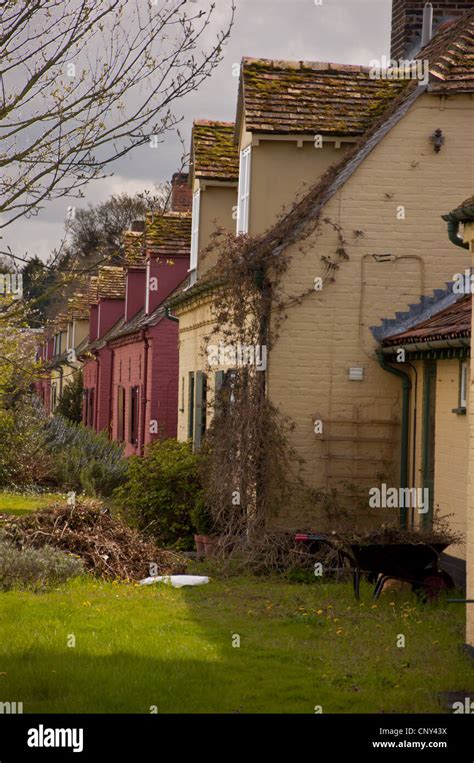 Row Of Country Estate Workers Cottages Chippenham Cambridgeshire Stock
