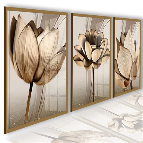 Kit Pe As Quadros Decorativos Mdf Flores Ton Cobre Gold Folhas