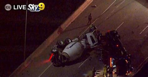 Big Rig Towing Cement Mixer Overturns Shuts Down Fwy Transition Road Cbs Los Angeles