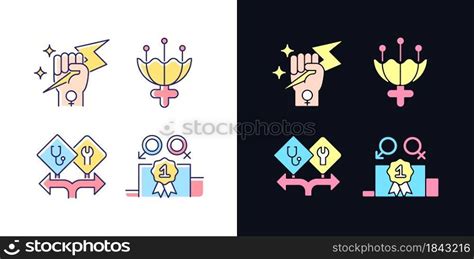 Women Empowerment Light And Dark Theme Rgb Color Icons Set Female Authority Femininity