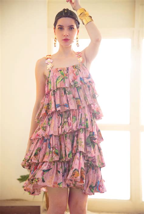 Printed Pink Frill Maxi Dress