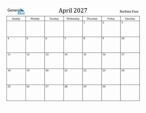 April 2027 Monthly Calendar With Burkina Faso Holidays