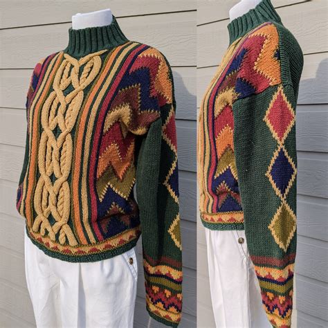 Vintage Sweater Textured Chunky Knit Reed Hunter Argyle Chevron Cable