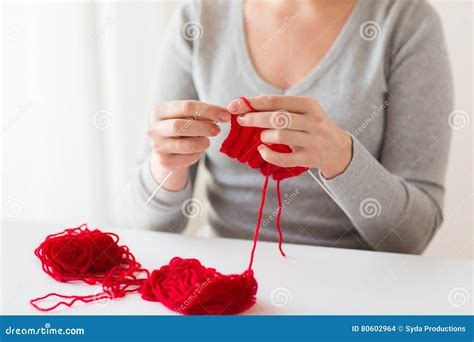 Woman Hands Knitting With Needles And Yarn Stock Photo Image Of Home