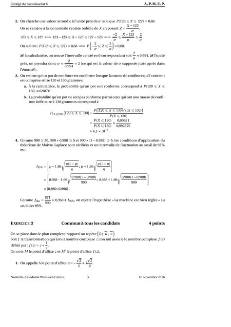 Annale Maths Bac S Nouvelle calédonie novembre 2016 Corrigé AlloSchool