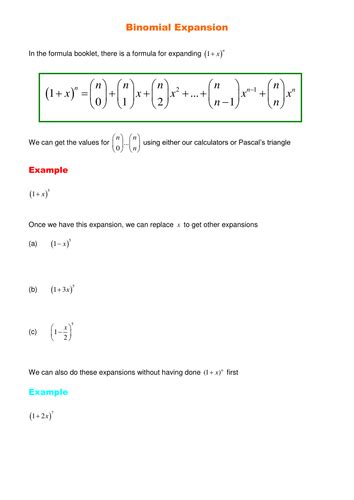 A Level Maths C2: Binomial Expansion worksheets by SRWhitehouse - Teaching Resources - Tes