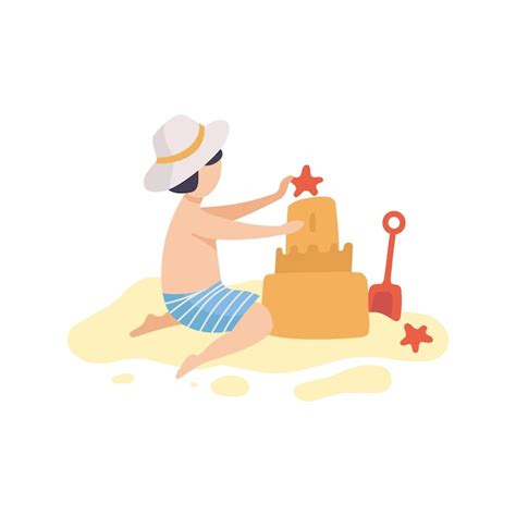 Premium Vector Cute Boy Building Sandcastle Kid Playing On Beach On