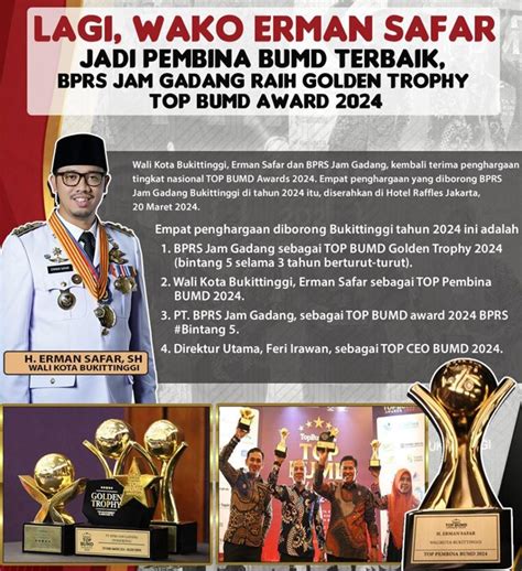 Wali Kota Bukittinggi Dan BPRS Jam Gadang Raih Golden Trophy TOP BUMD