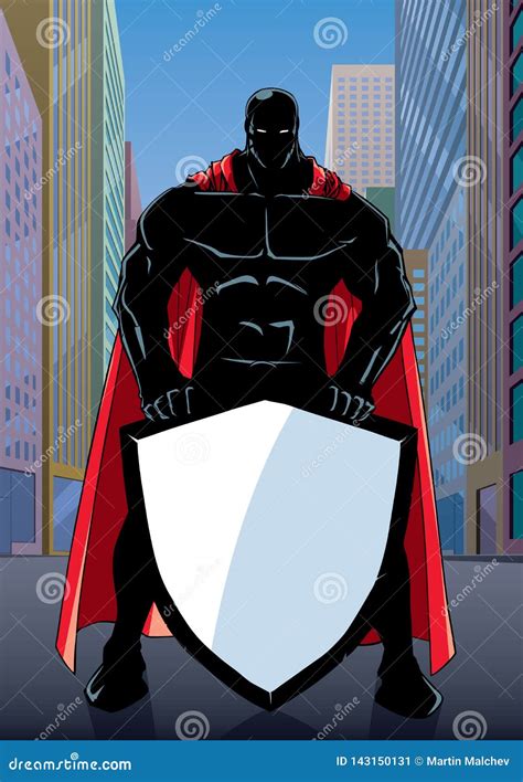 Superhero Holding Shield On Street Silhouette Stock Vector