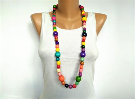 Multi Color Long Bead Necklaces For Womenlarge Wooden Bead Etsy