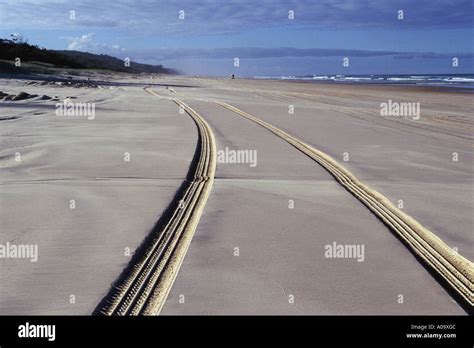 4WD Tracks On 75 Mile Beach Fraser Island Stock Photo Alamy