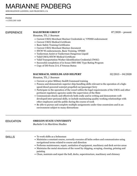 Seaman Resume Samples Velvet Jobs